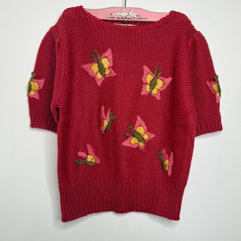 Vintage 80s e.v. ltd. Butterfly Sweater Size Medium Red Cottagecore Korea